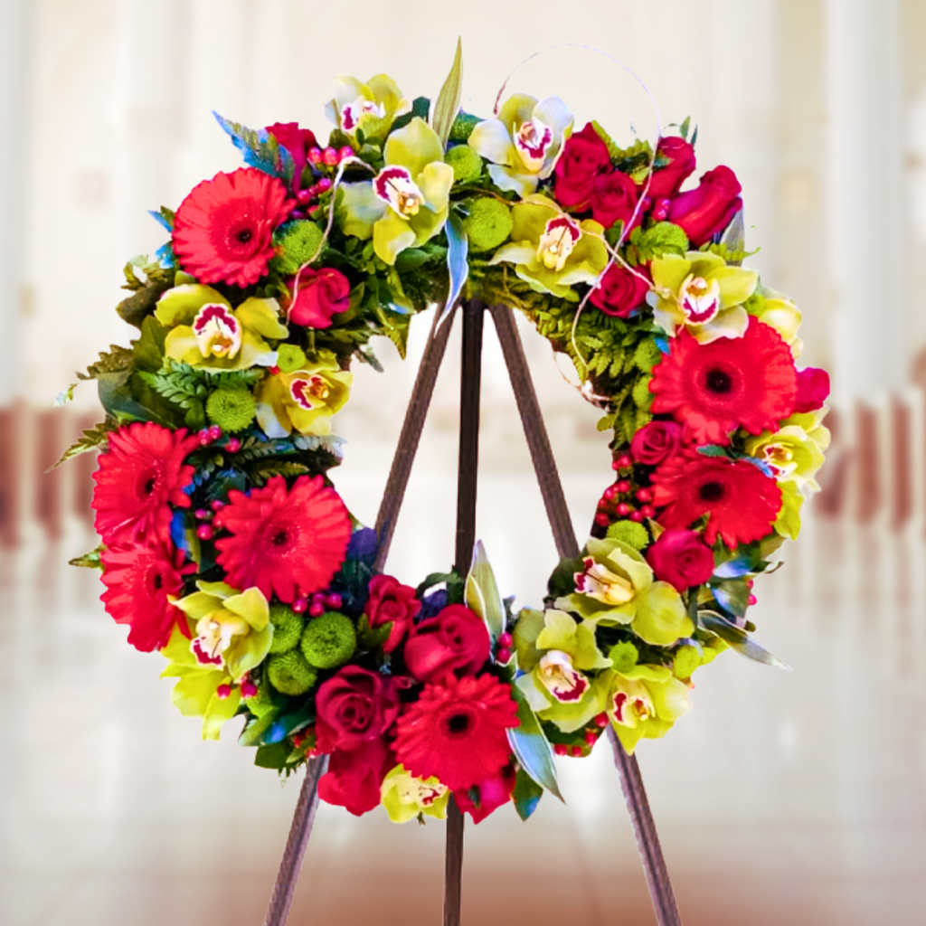 WR-459-HEART-OF-GOLD-Funeral-Round-Wreath-Spray