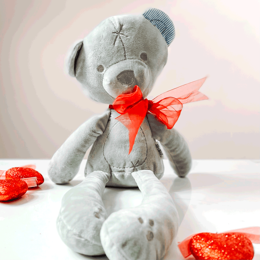 Teddy Bear with Red Bowtie and lanky legs (Soft Plush) Gray