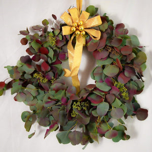 XMAS-1349 WREATH - ALL SEASONS TINTED RED SILVER DOLLAR EUCALYPTUS Petalino Flower Bar & Events